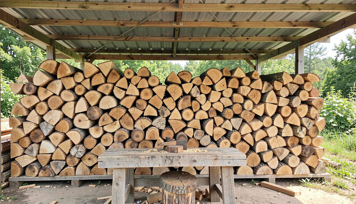 Split acacia firewood stacked in a neat pile under a shed roof with a chopping block in front.