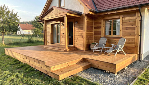 A newly built acacia wood terrace behind a family house in the Slovak countryside with timber steps and morning light.